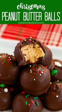 Chocolate covered Peanut Butter Balls are always a Christmas favorite! Creamy peanut butter filling dipped in luscious chocolate, then topped off with pretty sprinkles. So easy, so yummy! #christmaspeanutbutterballs @Creations by Kara