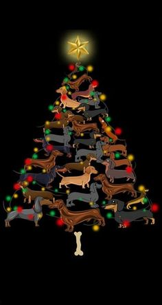 a christmas tree with dachshunds all over it and a star on top