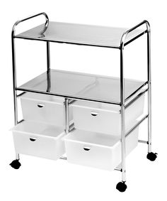 a metal cart with three drawers and two baskets on it's wheels, against a white background