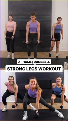 three women doing squats with the words at home dumbble and strong legs workout