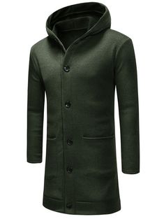 Solid Color Single Breasted Hooded Coat - Dark Forest Green - 4C77480017 - Men's Clothing  #MensClothing #Men's #Clothing Green Casual Hooded Jacket For Cold Weather, Casual Fitted Plain Outerwear, Casual Fitted Winter Hooded Jacket, Casual Fitted Hooded Jacket For Winter, Casual Cotton Outerwear Plain, Casual Plain Winter Outerwear, Casual Plain Cotton Outerwear, Casual Cotton Plain Outerwear, Cozy Fitted Green Outerwear