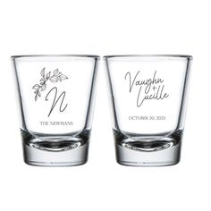 two shot glasses with names on them