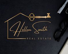 the logo for helen smith real estate is shown on a desk with a pen and glasses