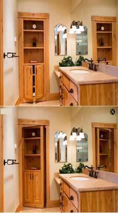 three pictures of a bathroom with wooden cabinets and mirrors on the wall, along with an open sink area