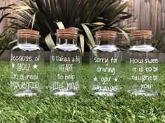 three glass bottles with sayings on them sitting in the grass