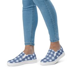 Blue checked women's slip-on canvas shoes. Made for comfort and ease, these Women's Slip-On Canvas Shoes are stylish and the ideal piece for completing an outfit. Equipped with removable soft insoles and rubber outsoles, it's also easy to adjust them for a better fit. *  100% polyester canvas upper side *  Ethylene-vinyl acetate (EVA) rubber outsole *  Breathable lining, soft insole *  Elastic side accents *  Padded collar and tongue *  Printed, cut, and handmade Floral Tights, Hands Free Bag, Flower Pants, Yoga Tights, Cute Pants, Yoga Tshirt, Comfy Sweatshirt, Shoes Trainers, Workout Wear