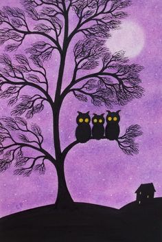 two owls sitting on a tree with the moon in the background