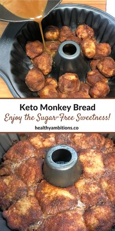 keto monkey bread in a bundt pan with syrup being poured on top and below