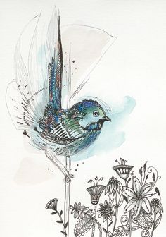 a drawing of a blue bird sitting on top of a plant with leaves and flowers around it