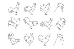 roosters and hens are drawn in black ink on a white background, each with different colors