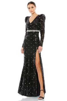 This Mac Duggal is a great modest prom dress. The beaded cap sleeves add the perfect amount of sparkle to this elegant dress. Mac Duggal 10736 Puffed Long Sleeves, Black Evening Gown, Mac Duggal Dresses, Sleeve Gown, Trumpet Gown, Long Sleeve Gown, Maxi Gown Dress, Column Gown, Puff Long Sleeves