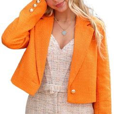 This Dolce Cabo Shaniah Orange Tweed Crop Blazer Adds A Pop Of Color To Any Outfit While The Cropped Style Keeps Your Look Modern And Chic. Dress It Up For Work Or Down For A Night Out, This Blazer Is Versatile And Stylish. **New Without Tags, Never Worn! ** Details: Size L Color: Orange Tweed Lurex Thread Lined Double Breasted Gold Buttons 100% Polyester Approx. Measurements Taken Flat Length: 19" (From Shoulder To Hem) Width: 20.5" (Pit To Pit) Length Of Sleeves: 24" Work Core, Boss Babe, Care Tweed Jacket With Double Button Closure For Fall, Fall Tweed Jacket With Double Button, Double Button Tweed Jacket For Fall, Tailored Button-up Tweed Jacket For Fall, Tweed Button-up Blazer With Button Closure, Fall Single Breasted Button-up Tweed Jacket, Fall Single Breasted Tweed Jacket, Fall Tweed Button-up Jacket With Button Cuffs, Fall Tweed Button-up Jacket