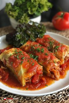 two stuffed cabbages on a plate with tomato sauce