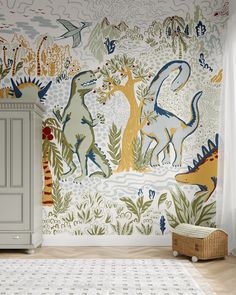 a dinosaur themed wallpaper in a child's room