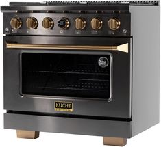 a black and gold oven with two burners on the front, and one door open