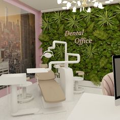 the dental office is decorated with greenery and white furniture, along with a computer