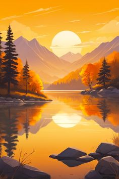 a painting of a lake with mountains in the background and trees around it at sunset