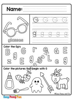 worksheet for beginning and ending the letter g coloring page with pictures to color