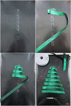 the steps to make a christmas tree out of strips of green glitter ribbon are shown