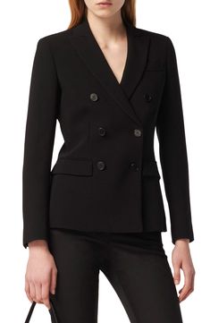 This perfectly tailored blazer made from wrinkle-resistant Italian twill is framed by signature structured shoulders. 27" length (size 40FR) Double-breasted button closure Peaked lapels Three-button cuffs Chest welt pocket; front flap pockets Lined 69% triacetate, 31% polyester Dry clean Made in Italy Designer Clothing