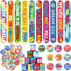 a bunch of different types of stickers and magnets on a white background with words