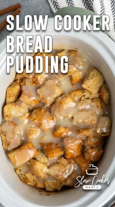 This crock pot bread pudding recipe makes classic bead pudding as easy as it is delicious. This rich bread pudding is a dessert you can set up a few hours before dinner and have a hot, sweet treat ready to finish off the evening. Slow Cooker Bread Pudding Easy, Snickerdoodle Bread Pudding, Bread Pudding Hawaiian Rolls, Butter Sauce For Bread Pudding, Bread Pudding With Heavy Cream, Slow Cooker Bread Pudding Recipes, Chocolate Chip Bread Pudding Recipe, Crockpot Bread Pudding Slow Cooker, Bread Pudding Sauce Easy