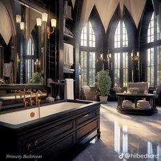 a large bathroom with black and white walls, an arched window, and a sink in the center