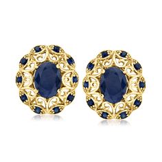 Ross-Simons - 3.90 ct. t. w. Sapphire Openwork Earrings in 14kt Yellow Gold. An ornate dream in expressive blue. Crafted of polished 14kt yellow gold, our openwork earrings feature .40 ct. t. w. sapphire rounds that delightfully halo sizable 3.50 ct. t. w. oval sapphires. They'll pair perfectly with your favorite cocktail dress! Clip/post, sapphire earrings. Sapphire birthstones are the perfect gift for September birthdays. Blue Sapphire Earrings, Earrings Sapphire, Jewelry Presentation, Sapphire Birthstone, Fine Jewelery, Gold Sign, Dress Clip, Yellow Gold Jewelry, Flower Tops