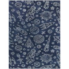 an area rug with space and stars on it, including rockets, saturns, planets