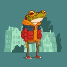 a frog wearing a jacket and standing in front of a building