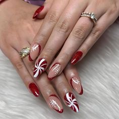 7. Classic Red and White with a Peppermint Twist Christmas Nails Gel Red, Peppermint Christmas Nails, Peppermint Swirl Nails, Red Glitter Tips, Peppermint Nails, Nails Navidad, Christmas Nails Gel, Holiday Nail Designs, Diy Acrylic Nails