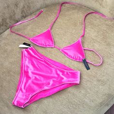 Nwt Victoria's Secret Bright Pink Velvet Bikini Set High Cut Leg High Waisted Bottom Is Size L Please Note Top Is Taged As An Xs But It Is An Adjustable String Bikini Top, Could Be Worn By Many Cup Sizes Depending On What Look You're Going For. Has 45" String Unstretched, That Ties Behind The Back And Halter Style Shoulder Straps That Tie Behind Neck I Also Have A Size Medium Top Available Too, Same Suit, Different Style- Check Closet Removable Cup Padding Subtle Gold Trim, Also Has Vs Logo On B Pink Triangle Top Swimwear With Lined Body, Pink Triangle Top Swimwear For Party, Pink Stretch Swimwear With Triangle Top, Pink Stretch Triangle Top Swimwear, Pink Triangle Top Stretch Swimwear, Pink Swimsuit Bikinis, Velvet Swimsuit, Vs Logo, Cup Sizes