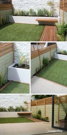 several pictures of a small garden with grass