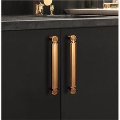 an image of a black and gold cabinet with two brass pulls on it's doors