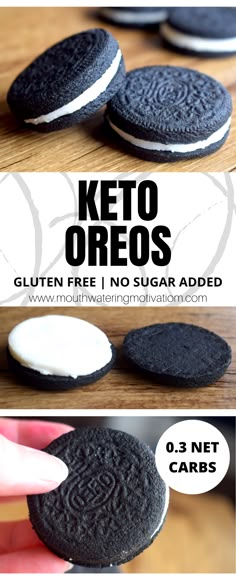 an advertisement for keto oreos is shown in three different pictures, one with white and black cookies