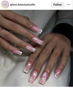 Let it Snow❄️ Christmas Nails With White Tips, Ombre Xmas Nails, Gel X Holiday Nails, Christmas Nails Acrylic Snowflake, Pink Winter Nails Square, Christmas Nails Medium Length Square, Christmas Nails Ideas 2024, Square Nail Designs Christmas