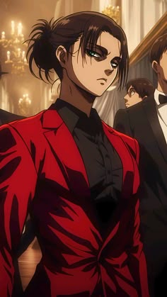 an anime character in a red suit and bow tie standing next to another character wearing a tuxedo