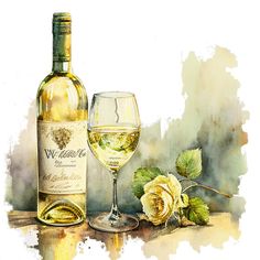 a watercolor painting of a wine bottle and glass with a rose next to it