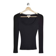 Topshop Lace Trim Long Sleeve Black Tee T-Shirt Nordstrom. Pal3400 Black Undershirt Long Sleeve, Black Scoop Neck T-shirt For Fall, Chic Black Crew Neck Top, Chic Black T-shirt For Layering, Black Fitted Long Sleeve Top With Crew Neck, Fitted Black Long Sleeve Top With Crew Neck, Fitted Black Long Sleeve Crew Neck Top, Blusas Coquette, Goth Formal