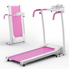 a pink and white treadmill next to an electronic machine on a white background with clippings