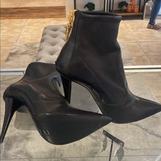 Never Worn. Calf Leather Boots With 4-inch Heel And Pointed Toe, Luxury Ankle Boots With 4-inch Heel, Luxury High Ankle Boots With Sculpted Heel, Luxury Ankle-high Heeled Boots With Sculpted Heel, Chic High Heel Boots With Sculpted Heel, Luxury Ankle Boots With Sculpted Heel, Luxury Ankle-high Calf Leather Heeled Boots, Luxury Calf Leather Ankle-high Heeled Boots, Calf Leather Boots With Sculpted Heel For Night Out