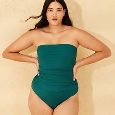 Bring classic styling to your swimwear wardrobe with this High Leg Bandeau One-Piece Swimsuit from Shade & Shore™. Made of recycled polyester and spandex with full lining, it features a plain back with a cheeky, high-leg cut. Removable cups and removable, adjustable shoulder straps provide customizable coverage and fit. The solid color and ribbed fabric make this a versatile addition to your beachwear collection. Shade & Shore™: Made for the sun & fit for fun. Green Stretch One-piece Swimwear For Beach Party, Green High-cut Leg Stretch Swimwear, Green One-piece Beachy Swimwear, Green Beachwear One-piece For Sunbathing, Sleeveless Green Swimwear With Built-in Bra, Cheeky One Piece Swimsuit, Bandeau One Piece Swimsuit, Beachwear Collection, Bandeau Bra