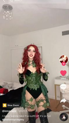 Halloween Costumes 2024 Women Red Hair, Poison Ivy Duo Costume, Poison Ivy Dress Costume, Poison Ivy Character Costume, Poison Ivy Halloween Costume Couples, Simple Poison Ivy Costume, Poison Ivy Costume College, Poison Ivy Rave Outfit, Posion Ivy Halloween Costumes Diy