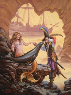 a painting of two women dressed as mermaids and pirate ship in the background,