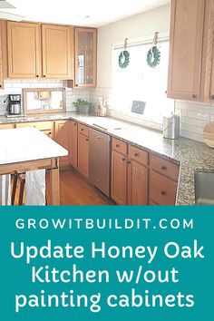 a kitchen with oak cabinets and white counter tops, has the words update honey oak kitchen w / out painting cabinets