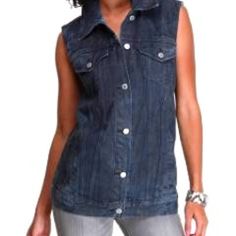 Levi Strauss And Co. Misses Size Small Fashion Denim Vest Dark Blue Denim In Color With All Over Distressing- Each Vest Has A Diiferent Distress Pattern So No Two Are Alike Oversized Longer Length Raw Edge Armholes Button Front With Levi Signature Chest Flap Pockets Side Slit Seam Pockets Slight Sheen Spread Collar So Versitile-Wear With A Dress, Shorts Or Jeans 100% Cotton Nwt Dress Shorts, Dark Blue Denim, Levi Strauss & Co, Levi Strauss, Denim Vest, Raw Edge, Denim Fashion, Blue Denim, Dark Blue