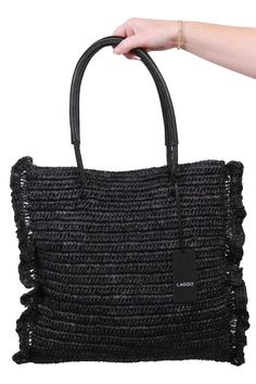 Black Straw Bag With Rolled Handles, Chic Straw Satchel Bag With Rolled Handles, Chic Straw Bag With Rolled Handles, Summer Black Bags With Rolled Handles, Chic Handheld Bag With Rolled Handles, Elegant Straw Bag With Rolled Handles For Shopping, Black Vacation Bag With Rolled Handles, Black Vacation Bags With Rolled Handles, Chic Handheld Shoulder Bag With Rolled Handles