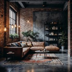 An editorial-style photograph of an industrial living room with exposed brick walls and metal shelving units. The room features a leather couch, a large window allowing natural light to flood in, and a vintage rug adding warmth to the concrete floor. Edison bulb lights hang from the ceiling, casting a soft glow. The scene is captured with dramatic Dutch lighting, highlighting the cold blue tones and natural textures, creating a highly realistic, professionally color-graded visual. Living Room With Exposed Brick, Industrial Design Living Room, Downtown Omaha, Industrial Style Living Room, Mess Hall, Living Room Industrial, Leather Couches Living Room, Industrial Style Interior