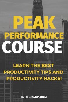 a black and white photo with the words peak performance course written in yellow on it