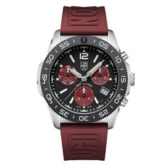 The Luminox Pacific Diver Chronograph boasts a 44mm stainless steel case with a CARBONOX(tm) unidirectional bezel, a vital instrument for any diver. A black dial with white numerals and indices contrasts the warm crimson sub dials for a unique style. A matching crimson cut-to-fit rubber strap completes the look. Mix and match your style by pairing with any other color from our Cut-To-Fit strap collection. As with every other Luminox timepiece, this Pacific Diver incorporates Luminox Light techno Luminox Watches, Bear Grylls, Rubber Watches, Navy Seals, Dive Watches, Stainless Steel Watch, Swiss Made, Chronograph Watch, Diver